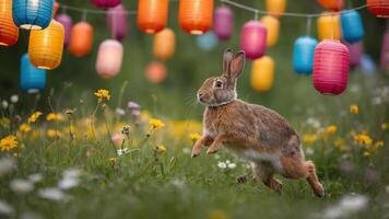 A rabbit leaps through a vibrant meadow adorned with colorful lanterns. photo