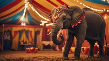 An elephant adorned with decorations stands in a colorful circus tent. photo