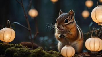 A chipmunk surrounded by glowing lanterns in a serene forest setting. photo