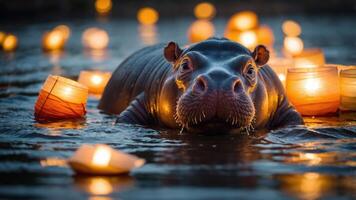 A hippo surrounded by glowing lanterns in a serene water setting. photo