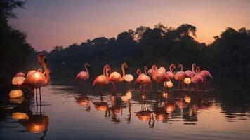A serene scene of flamingos illuminated at dusk, reflecting on calm waters. photo