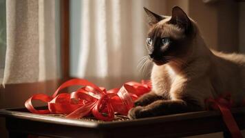 A Siamese cat resting on a table with red ribbons, illuminated by soft sunlight. photo