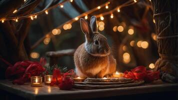 A rabbit surrounded by candles and festive decorations, creating a cozy atmosphere. photo
