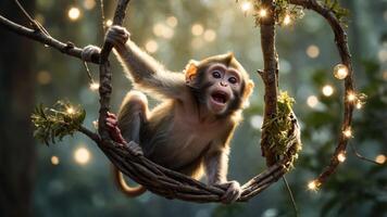 A playful monkey hanging on a vine surrounded by soft lights in a lush forest. photo