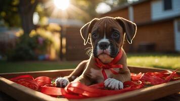 A playful puppy rests in a wooden box adorned with festive ribbons, basking in sunlight. photo