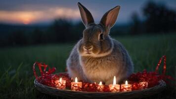 A rabbit sits in a basket surrounded by candles at sunset, creating a serene atmosphere. photo