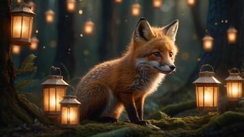 A serene fox sits among glowing lanterns in a mystical forest setting. photo