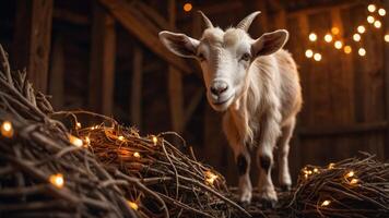 A goat stands on hay in a barn, illuminated by warm string lights, creating a cozy atmosphere. photo