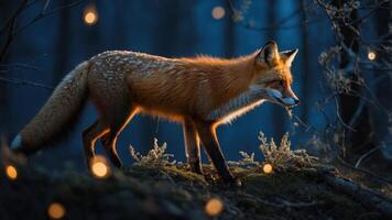 A fox stands gracefully in a dimly lit forest, surrounded by soft glowing lights. photo