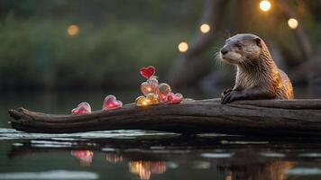 An otter rests by the water, surrounded by glowing heart decorations on a log. photo