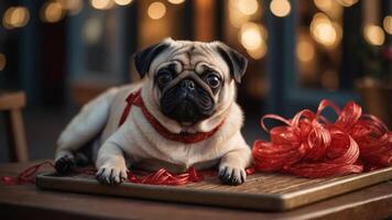 A pug resting on a table surrounded by festive decorations and ribbons. photo