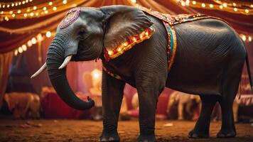An elephant adorned with decorations stands in a festive circus setting under string lights. photo