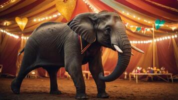 An elephant performs in a colorful circus tent adorned with lights and decorations. photo