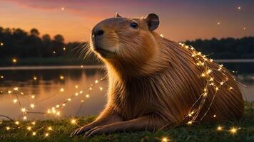 A capybara adorned with fairy lights beside a serene lake at sunset. photo