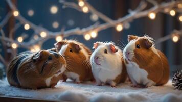 Four adorable guinea pigs gathered together in a cozy, festive setting with soft lighting. photo