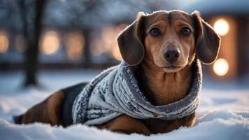 A dachshund in a cozy scarf lying in the snow, surrounded by a serene winter landscape. photo