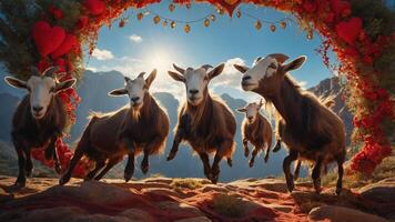 A whimsical scene featuring goats frolicking under a decorative arch of hearts and flowers. photo