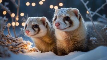 Two ferrets in the snow with festive lights, creating a cozy winter atmosphere. photo
