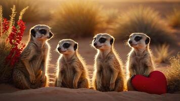 Four meerkats in a desert setting, one holding a heart, evoking a playful, affectionate scene. photo
