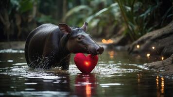 A tapir in a lush environment holds a red heart, symbolizing love in nature. photo
