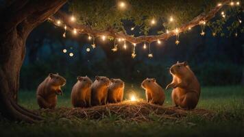 A whimsical scene of capybaras gathered around a campfire under twinkling lights. photo
