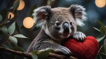 A koala holding a red heart on a branch, surrounded by soft lights and foliage. photo