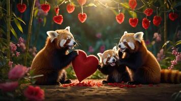 Three red pandas playfully interact with a heart in a romantic, floral setting. photo