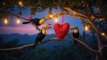 Colorful toucans perched on a branch with a heart decoration and string lights at dusk. photo