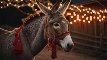 A donkey adorned with decorative tassels stands in a softly lit environment. photo