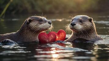 Two otters hold a heart-shaped object in a serene water setting, symbolizing love and connection. photo