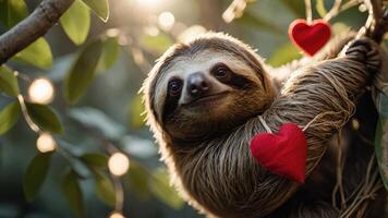 A sloth hanging from a tree, surrounded by hearts and soft lighting, evoking warmth and affection. photo