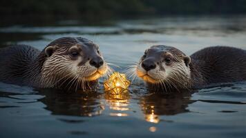 Two otters play with a glowing object in a serene water setting at dusk. photo