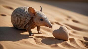 An armadillo curiously approaches a heart-shaped stone in a sandy environment. photo