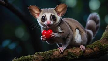A cute marsupial holds a red heart on a branch in a lush, green forest setting. photo