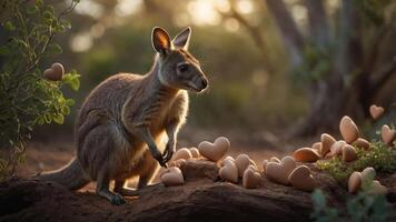 A kangaroo stands near heart-shaped eggs in a serene, natural setting at sunset. photo