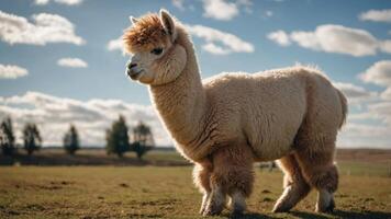 A fluffy alpaca stands in a sunny field with clouds in the background. photo