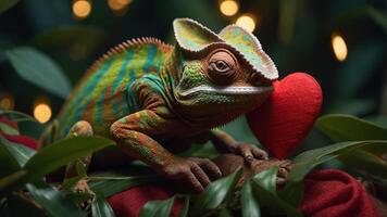 A colorful chameleon holds a red heart, surrounded by lush greenery and soft lighting. photo