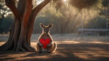 A kangaroo sits under a tree, holding a red heart, symbolizing love and affection. photo