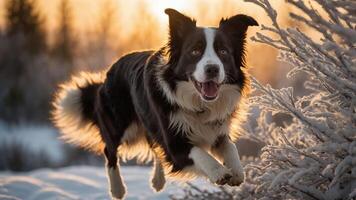A joyful dog leaps through a snowy landscape at sunset, showcasing its playful spirit. photo