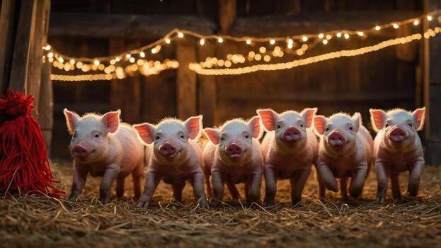 A group of piglets stands in a barn, illuminated by soft lights, creating a charming scene. photo