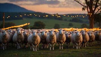 A flock of sheep gathered in a serene landscape at sunset with decorative lights. photo