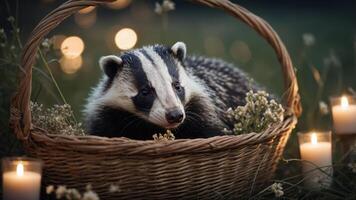 A badger resting in a woven basket surrounded by candles and flowers in a serene setting. photo