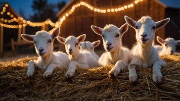A serene scene of playful goats resting on hay bales, illuminated by warm string lights. photo