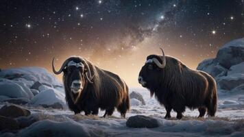 Two musk oxen stand in a snowy landscape under a starry sky, evoking a sense of wilderness. photo