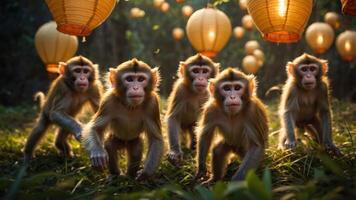 A group of five monkeys walking under glowing lanterns in a lush environment. photo