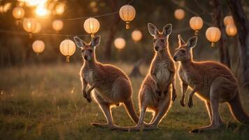 Three kangaroos standing in a field with lanterns during sunset. photo