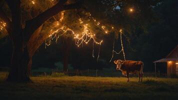 A serene night scene featuring a cow under a tree adorned with fairy lights. photo
