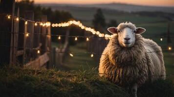 A sheep stands in a serene landscape adorned with string lights at dusk. photo