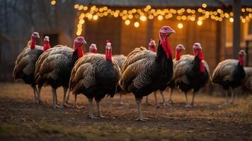A group of turkeys standing in a yard adorned with warm string lights. photo