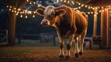 A cow walks in a softly lit barn setting adorned with string lights. photo